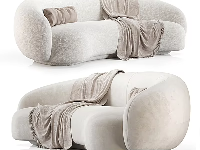 Modern Cream Sectional Sofa With Soft Textured Fabric Curved Design Throw Blanket And Accent Pillows 3d model