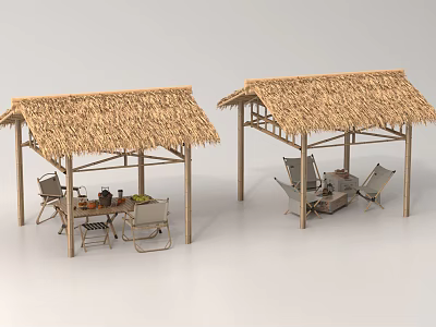 Two Outdoor Straw Thatched Roof Pavilions Featuring Dining Tables Chairs And Sofas 3d model