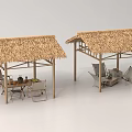 Two Outdoor Straw Thatched Roof Pavilions Featuring Dining Tables Chairs And Sofas