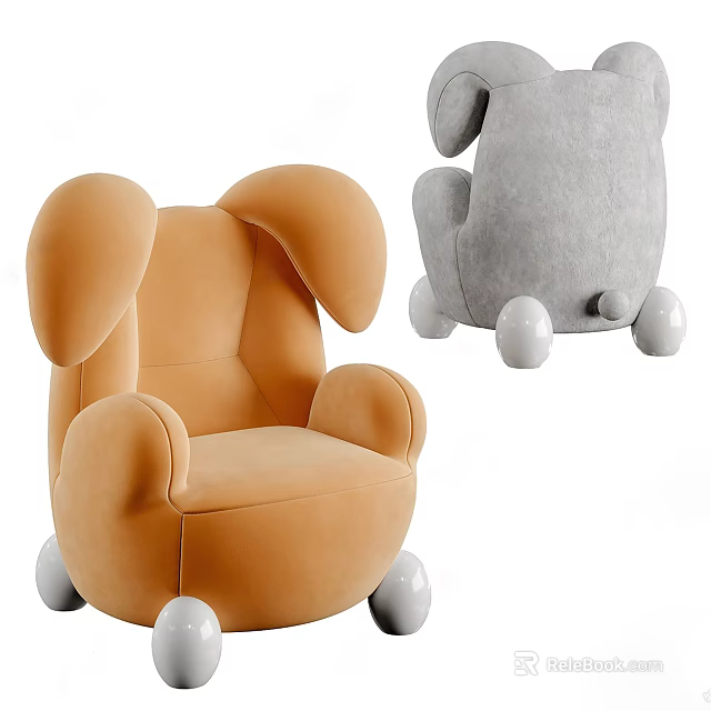 Orange and Gray Single Sofa with Round Design Ear Shaped Armrests and White Round Legs 3d model 