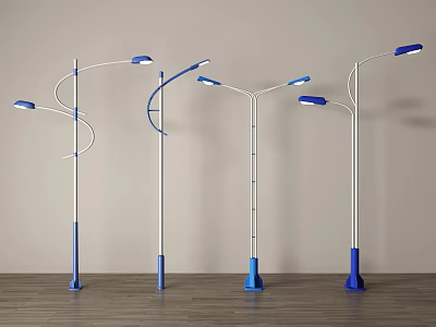 Outdoor Street Lights With Modern Curved Arm Design And Blue White Pole Structure 3d model