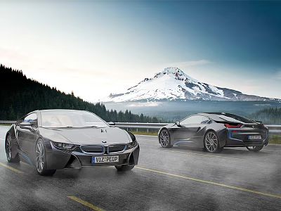 Two Sleek Sports Cars Driving On Mountain Road With Snowy Mountain And Forest Background 3d model