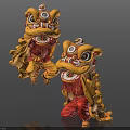 Two Energetic Performers Doing Traditional Lion Dance In Yellow Red Costumes
