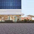 Elegant Modern Dessert Shop With Outdoor Seating Green Plants And Signboard