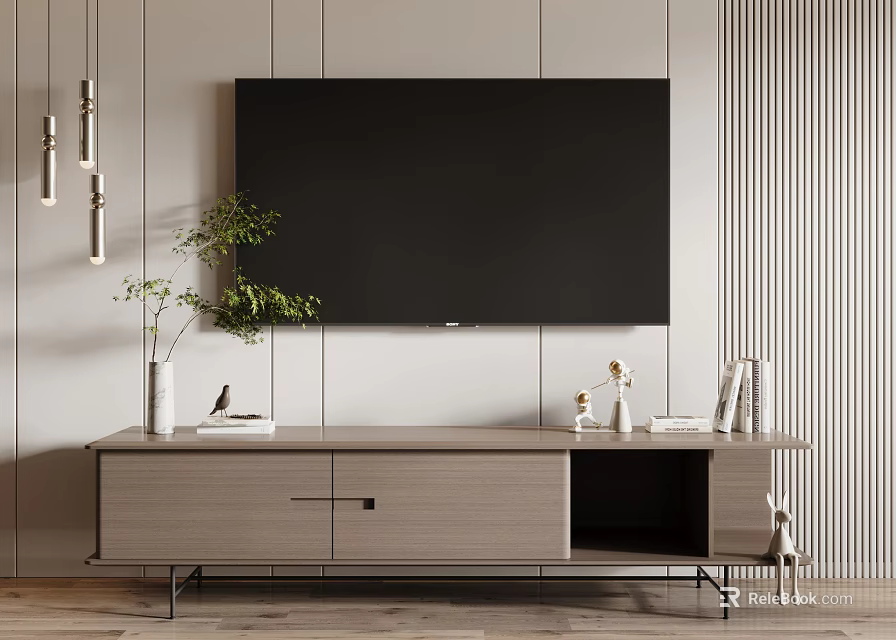 Modern TV Stand With Wall Mounted TV Green Plant Books And Decorative Items 3d model 