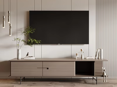 Modern TV Stand With Wall Mounted TV Green Plant Books And Decorative Items 3d model