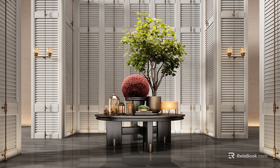 Decorative Ornament Set on Black Round Table with White Louvered Wall and Green Plant 3d model 