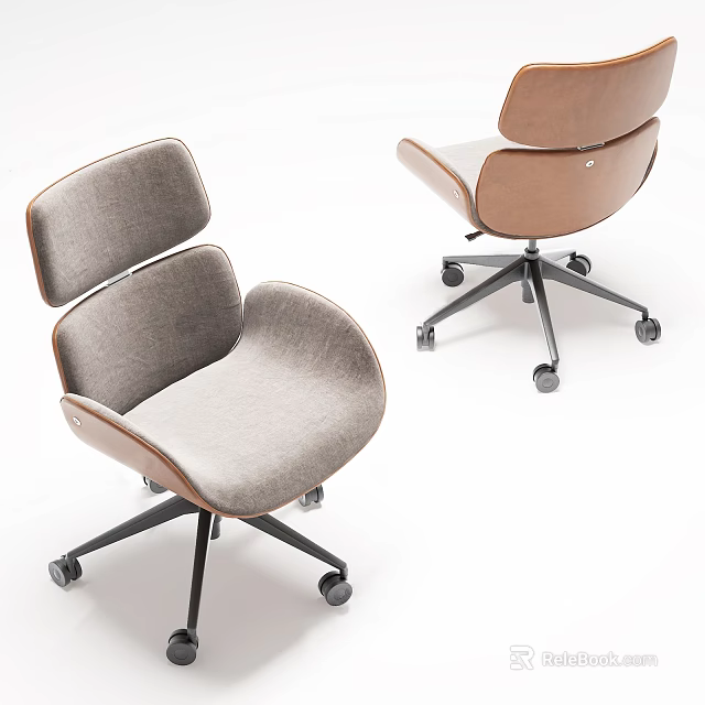 Modern Office Chair With Gray Fabric Seat Brown Backrest Black Metal Base And Rolling Wheels 3d model 