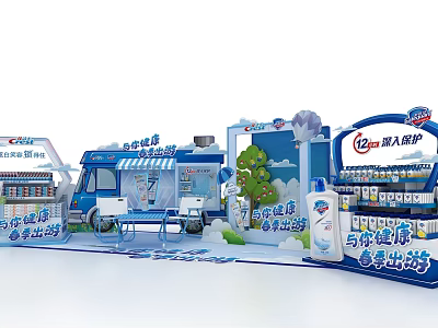 Junlebao Exhibition Booth Featuring Blue Truck and Fresh Dairy Products Promoting Healthy Lifestyle 3d model
