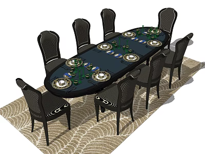 Elegant Oval Dining Table Set With Black Chairs Green Plates And Wavy Textured Rug 3d model