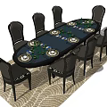 Elegant Oval Dining Table Set With Black Chairs Green Plates And Wavy Textured Rug