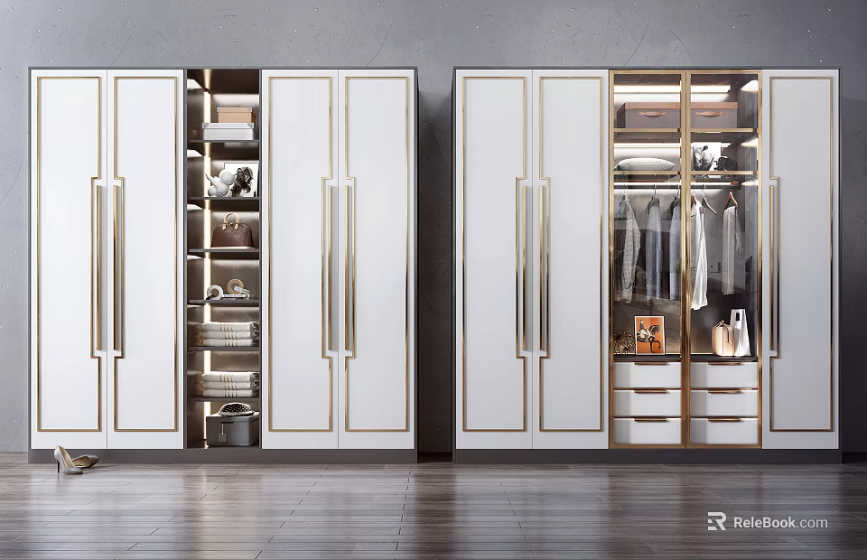 Modern White and Gold Wardrobe With Open Door Clothing Hangers Multiple Compartments And Storage Drawers 3d model 