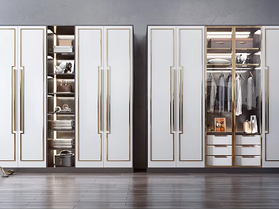 Modern White and Gold Wardrobe With Open Door Clothing Hangers Multiple Compartments And Storage Drawers 3d model