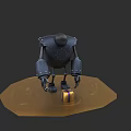 Black Industrial Robot With Mechanical Arms On Yellow Platform Handling Small Component