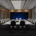 Modern Conference Room With Long Table Ergonomic Chairs Glass Partitions And Ceiling Lights