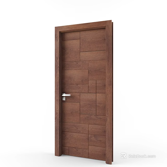 Brown Wooden Hinged Door With Panel Design And Silver Handle For Interior 3d model