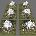 Green Grass Covered Bases of Snowy Mountain Models in Grid Arrangement