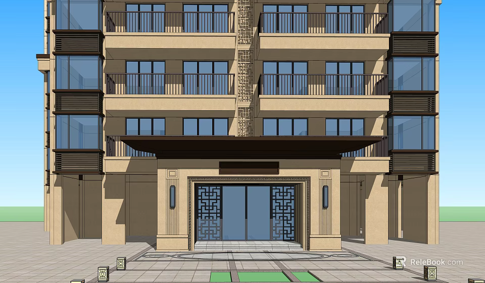 Multi Story Building Entrance With Beige Exterior Dark Awning And Decorative Grille Doors 3d model 