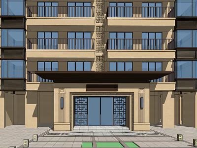 Multi Story Building Entrance With Beige Exterior Dark Awning And Decorative Grille Doors 3d model
