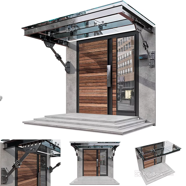 Modern Wooden Entrance Door Featuring Glass Panels Stone Steps And Concrete Frame With Glass Canopy 3d model 