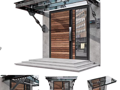 Modern Wooden Entrance Door Featuring Glass Panels Stone Steps And Concrete Frame With Glass Canopy 3d model
