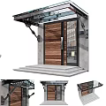 Modern Wooden Entrance Door Featuring Glass Panels Stone Steps And Concrete Frame With Glass Canopy