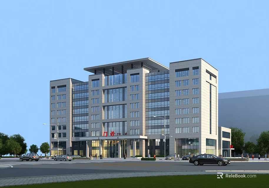 Modern Commercial Building Featuring Glass Facade Multiple Floors Parking And Greenery 3d model 