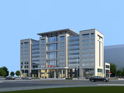 Modern Commercial Building Featuring Glass Facade Multiple Floors Parking And Greenery 3d model