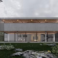 Modern Detached Villa With Concrete Exterior Flat Roof Large Glass Windows And Natural Surroundings
