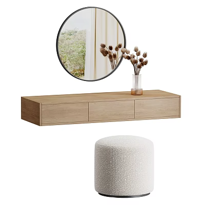 Wooden Dressing Table With Wall Mounted Round Mirror Dried Flowers And White Stool 3d model