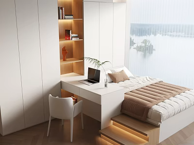 Modern Tatami Bedroom Interior With Desk Chair Bookshelf And Scenic Window View 3d model