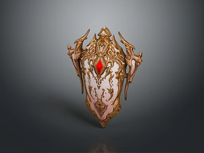 Ornate Golden Shield With Red Gemstone And Intricate Carvings Design 3d model