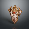 Ornate Golden Shield With Red Gemstone And Intricate Carvings Design