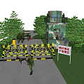 Military Training Ground with Camouflage Guard Tower Soldiers Yellow Obstacles Warning Sign and Green Vegetation