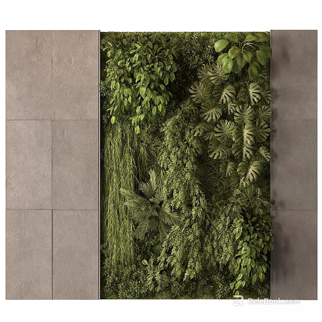 Lush Green Plant Decorative Ornament Combination With Various Leaves On Grey Stone Wall 3d model 