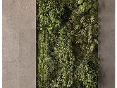 Lush Green Plant Decorative Ornament Combination With Various Leaves On Grey Stone Wall 3d model