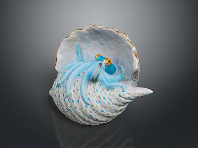 Blue Octopus With Yellow Eyes Inside Decorative Shell Featuring Blue Spots 3d model
