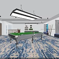 Elegant Billiard Room Interior With Green Table Overhead Lighting Blue Carpet Cue Rack And Plant