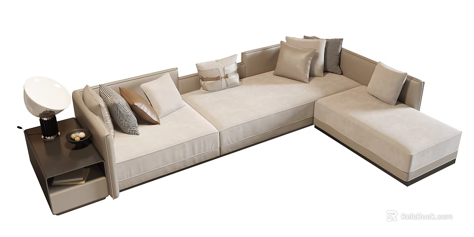 Modern Beige Sectional Sofa With Multiple Comfortable Cushions And L Shape Design 3d model