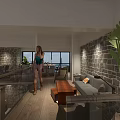 Public Office Space With Brick Walls Glass Doors Conference Table Staircase And Neon Sign Plants