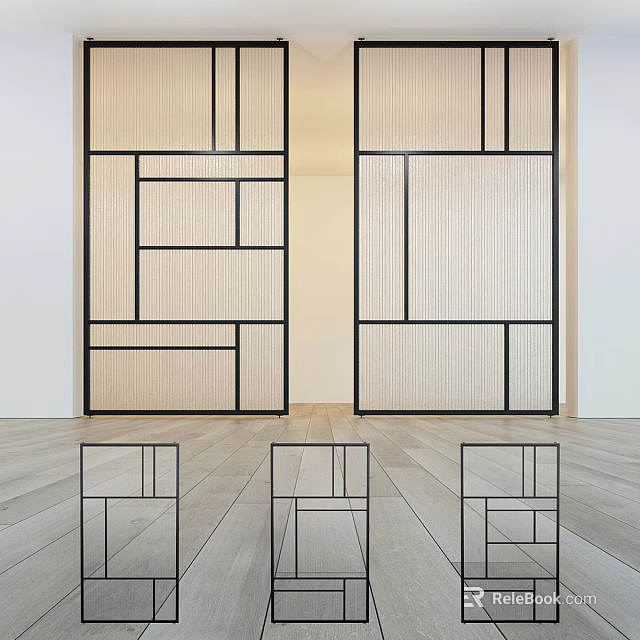 Wooden Swing Doors With Black Frames And Geometric Design In Minimalist Interior With Light Flooring 3d model 