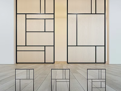 Wooden Swing Doors With Black Frames And Geometric Design In Minimalist Interior With Light Flooring 3d model