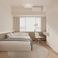 Kids Room Interior With White Cabinets Bed Gray White Bedding Round Rug And Potted Plant