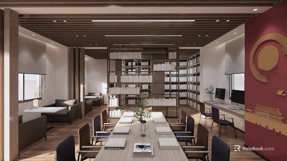 Book Art Themed Library Interior With Wooden Bookshelves Long Table Reading Chairs And Books 3d model 