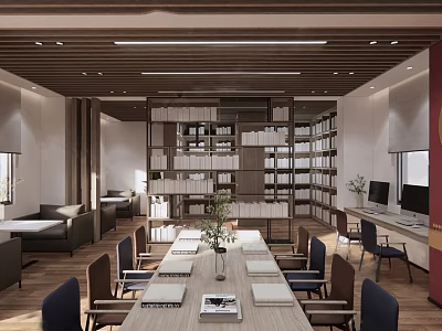 Book Art Themed Library Interior With Wooden Bookshelves Long Table Reading Chairs And Books 3d model