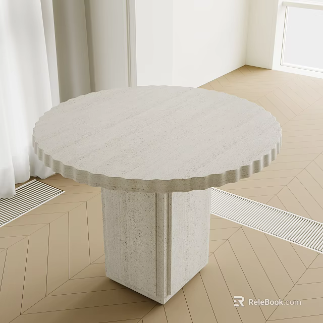 Round Light Dining Table With Scalloped Edges Square Column Base On Herringbone Wooden Floor 3d model