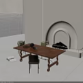 Brown Wooden Dining Table Set With Green Chairs Bowls Vase And White Arched Fireplace