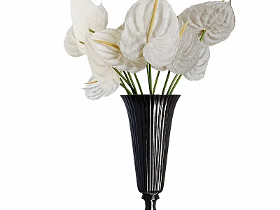 Elegant Decorative Ornament Set With White Anthurium Flowers In Black Ribbed Vase 3d model