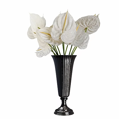 Elegant Decorative Ornament Set With White Anthurium Flowers In Black Ribbed Vase 3d model