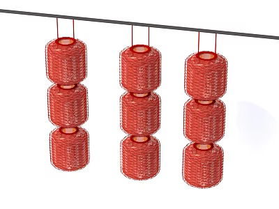 Set Of Three Red Stacked Cylindrical Lanterns Hanging On Black Rod As Household Items 3d model
